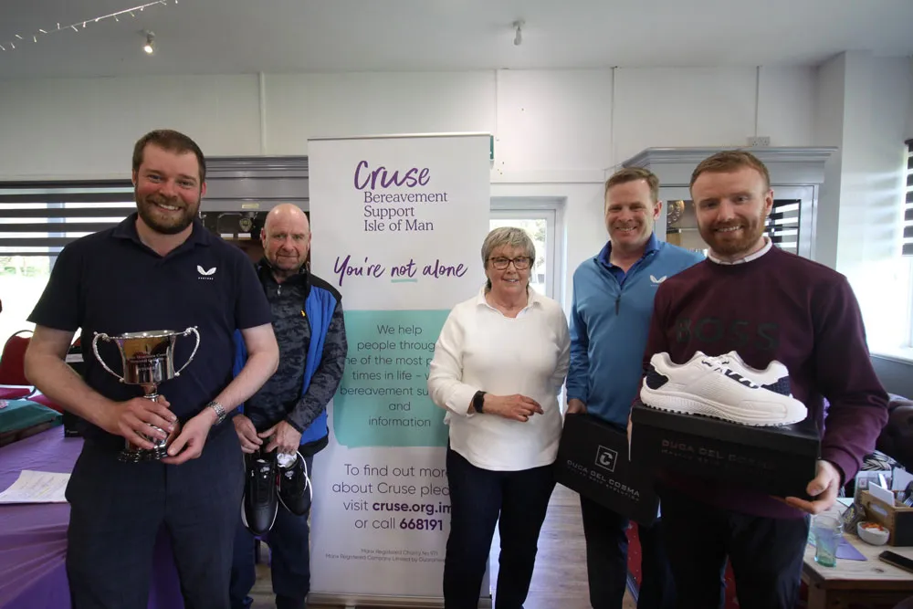 The players from the LMS Partners team are being presented with the winner trophy by Janet Henthorn in front of a Cruse banner in the clubhouse. All are smiling for the camera.