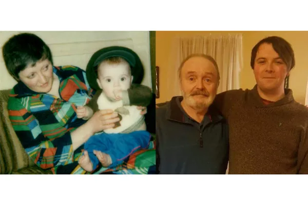 Two photos of Daniel with his mum and dad. On the left, Daniel is about one year old and sitting alongside his mum who is holding him upright and gazing at Daniel's face. On the right, Daniel looks to be in his 20s abd is standing next to his dad. Both have their arms around each other's shoulders adn are smiling for the camera