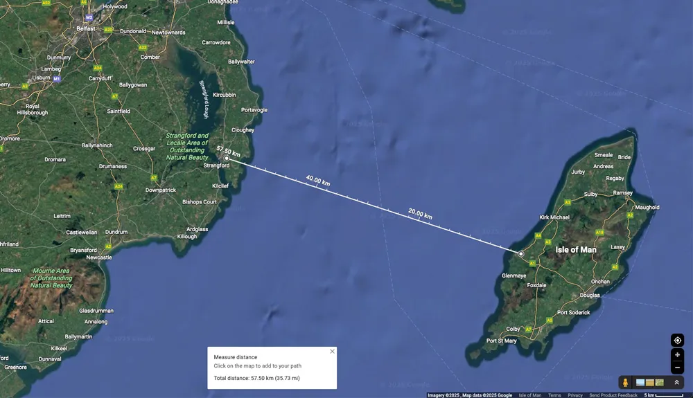 A screenshot from Google Maps showing the Isle of Man and Northern Ireland. A line marker showing the distance from Peel to Northern Ireland shwos the distance to be 57.3km.